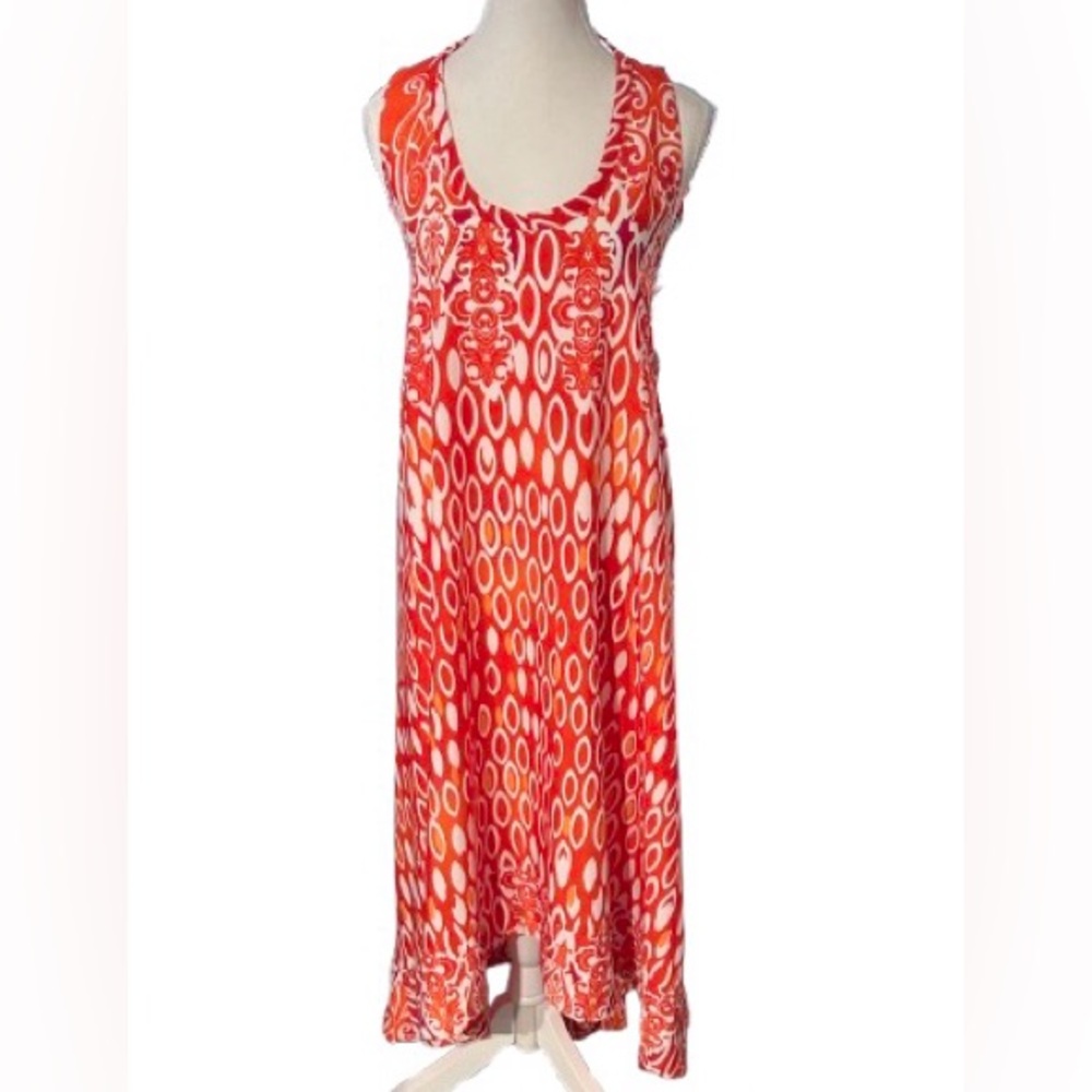 Rubber Ducky Productions Backless Maxi Dress m Orange Red White Geometric Small